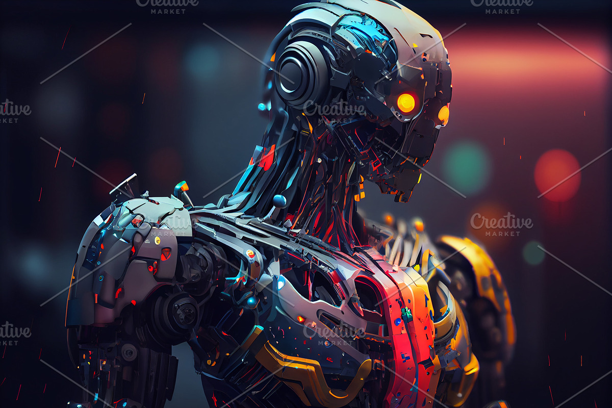 bright colorful cyborg, a Technology Illustration by Olyryk & Aglo