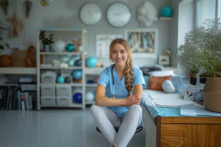 Friendly Physiotherapist Sitting in a Modern Clinic with a Welco, a Photo by AS photostudio