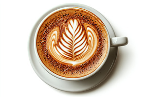 Cup of cappuccino with drawn leaf on white background, flat lay, a Food & Drink Photo by AlyaAnd