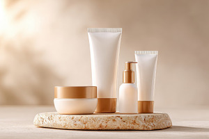 Elegant skincare product display on stone pedestal, a Beauty & Fashion Photo by AlyaAnd