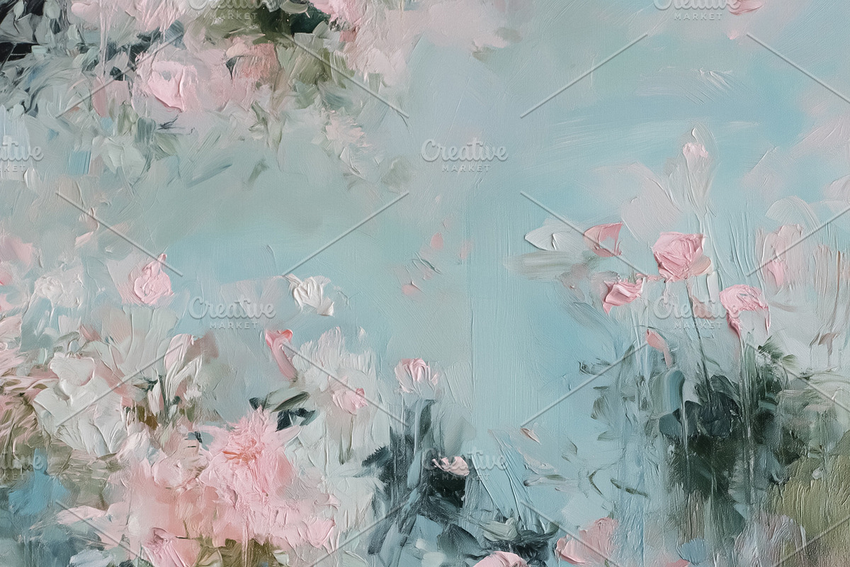 Abstract floral oil painting with textured pastel pink flowers a, an Illustration by Studio ANNA