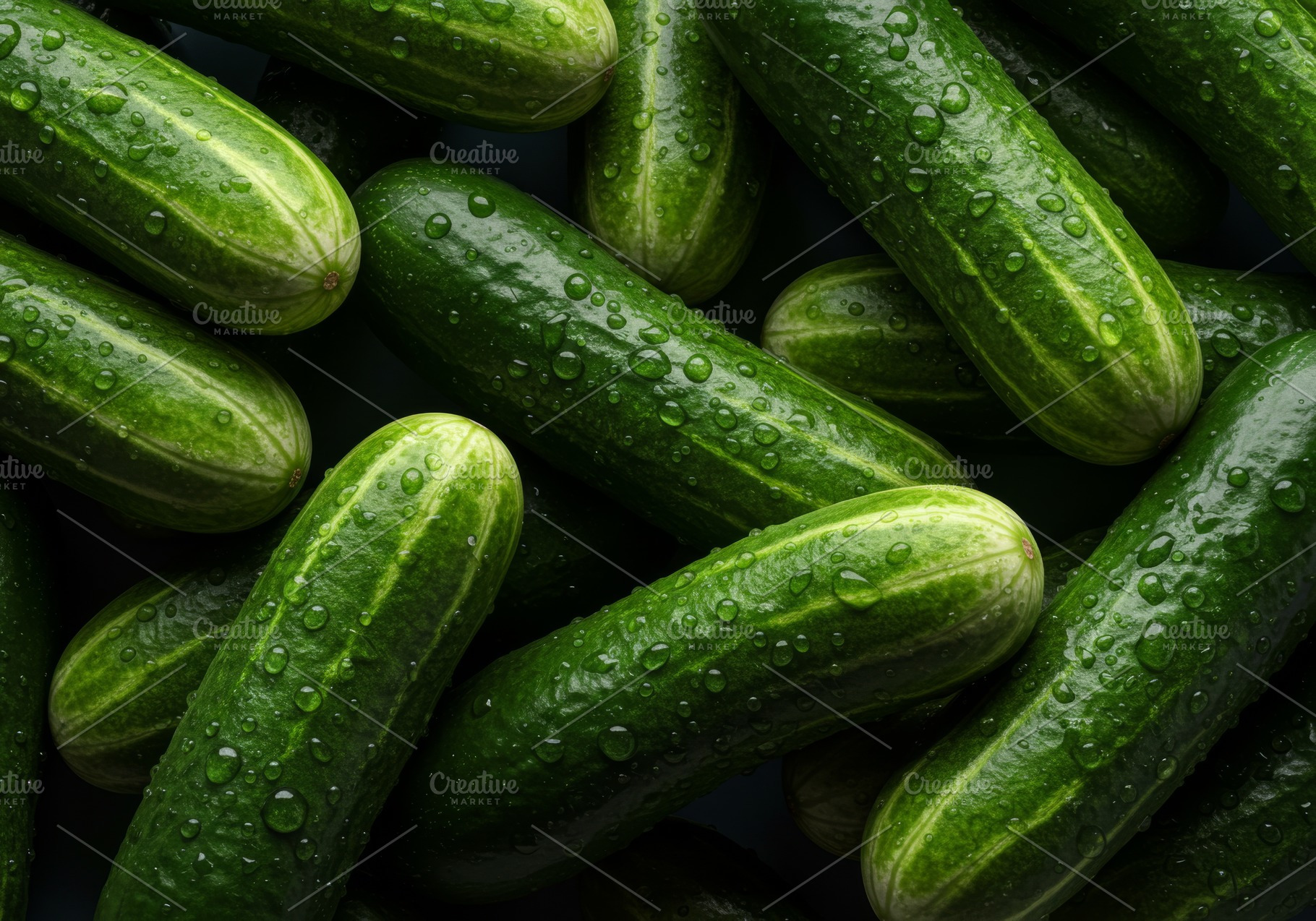 Fresh green cucumbers covered with w, a Food & Drink Photo by professorinc