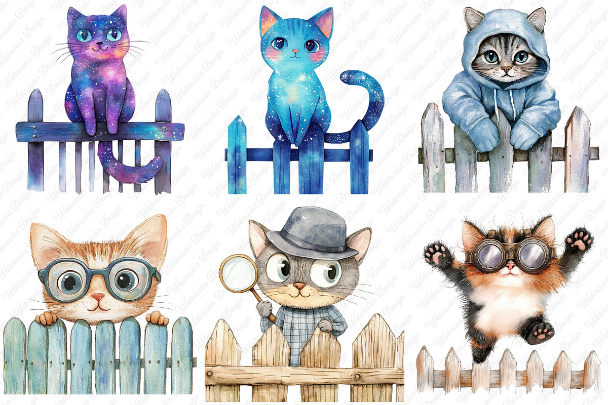 Quirky Cats on a fence clipart, an Illustration by Watercolor design (Photo 3 of 12)