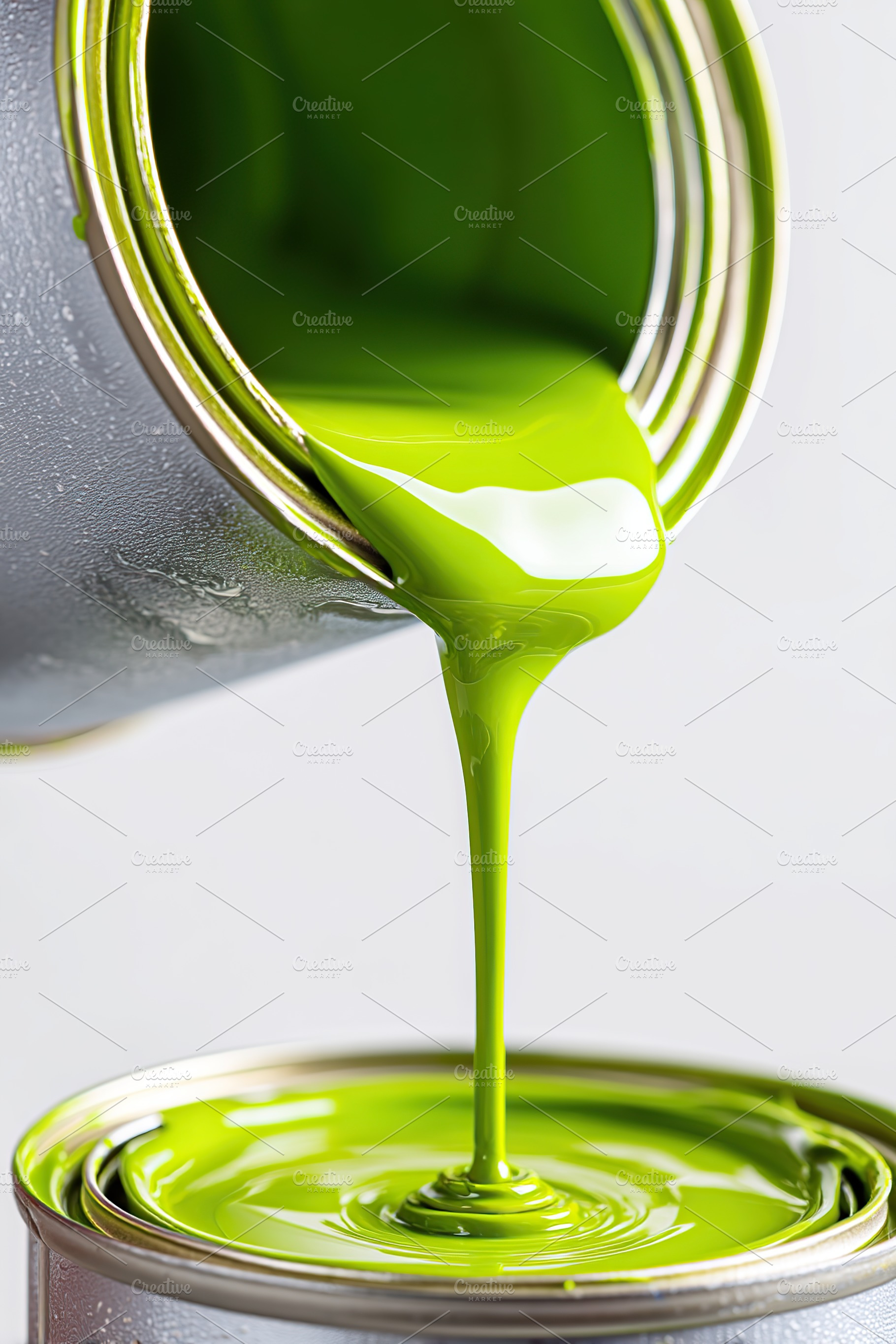 Bright green paint flows from a can, showcasing its vibrant hue and smooth text, a Photo by AlyaAnd