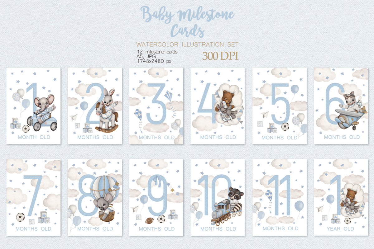 Watercolor Set Baby Milestone Cards, an Animal Illustration by ViktoriyaD (Photo 2 of 5)