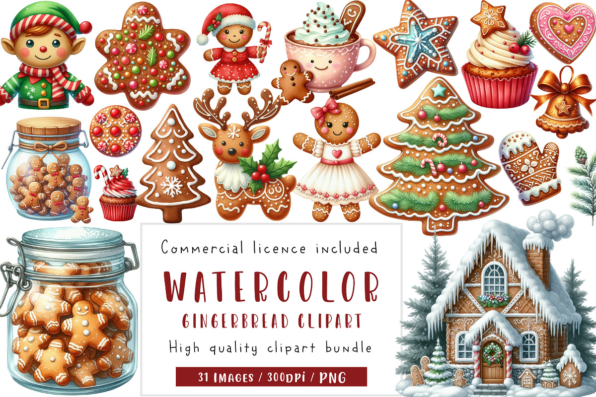 Watercolor Gingerbread Clipart, an Illustration by CreationArt (Photo 1 of 5)