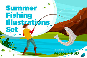 Summer Fishing Illustrations Set