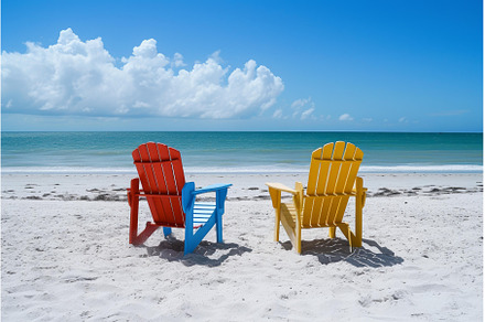 Colorful beach chairs on pristine, a Holiday Photo by Ylivdesign