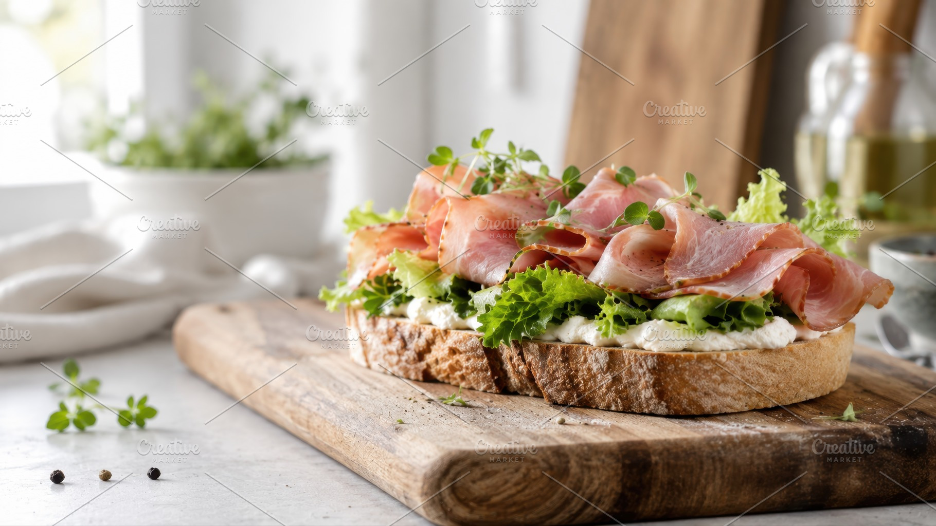 Fresh sandwich with greens and ham, a Photo by Beautiful things