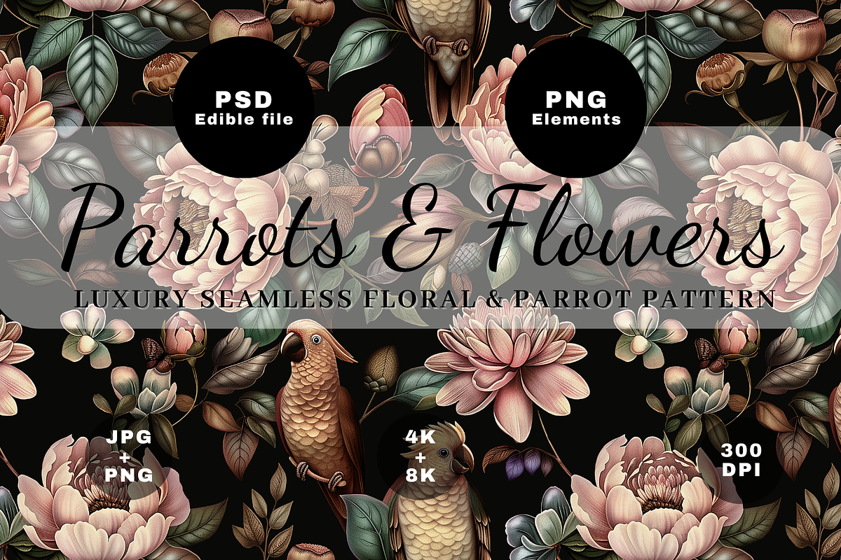 Seamless Floral & Parrot Pattern, a Pattern Graphic by LUSH Studio (Photo 1 of 6)