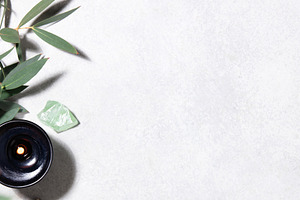 Wellness Background with Eucalyptus, Crystals and Burning Candle, a Beauty & Fashion Photo by Natalia Klenova's Shop