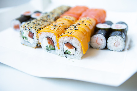 Sushi from Japanese cuisine. There are different types of sushi in the box. Del, a Food & Drink Photo by Artsaba Family