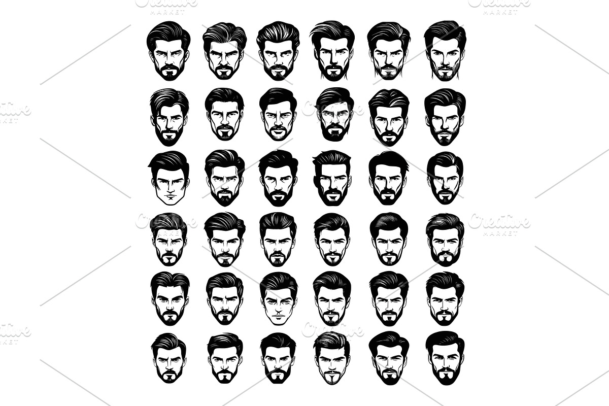 Male bearded various haircuts black, an Object Illustration by Valerie Bodnar