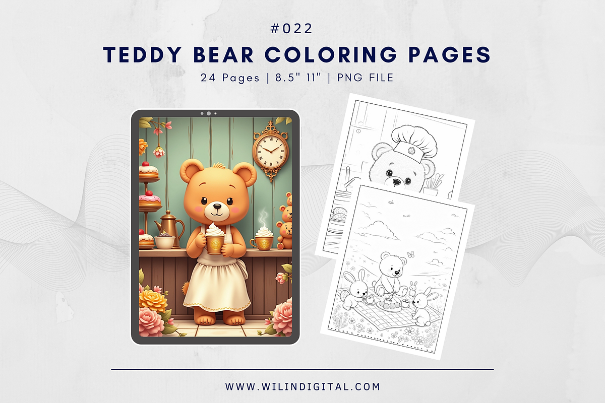 20 Teddy Bear Coloring Pages Digital, an Illustration by Wilin Digital (Photo 1 of 3)