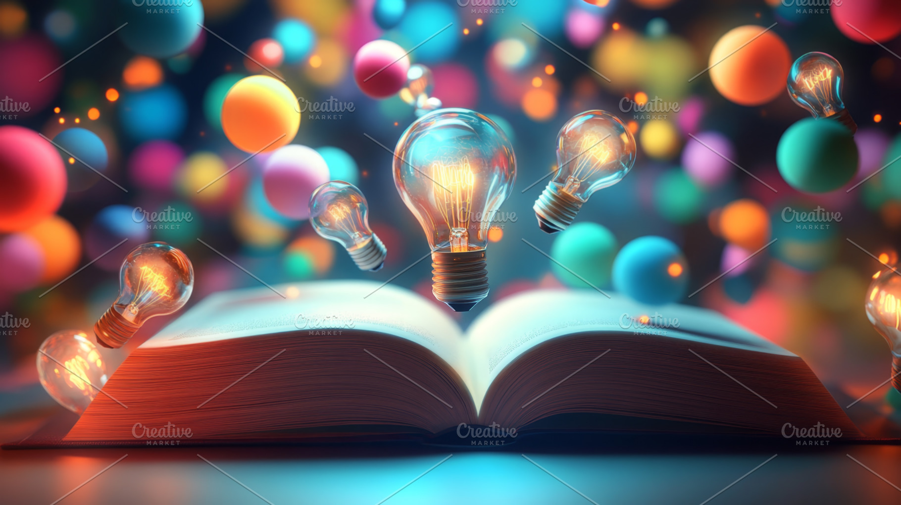 Open Book with Floating Light Bulbs and Colorful Spheres, a Photo by Natalia Klenova's Shop