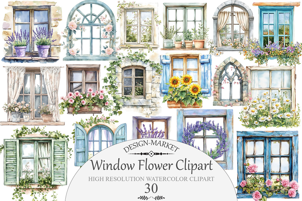 Watercolor Window Flower Clipart, an Illustration by Design Market (Photo 1 of 4)