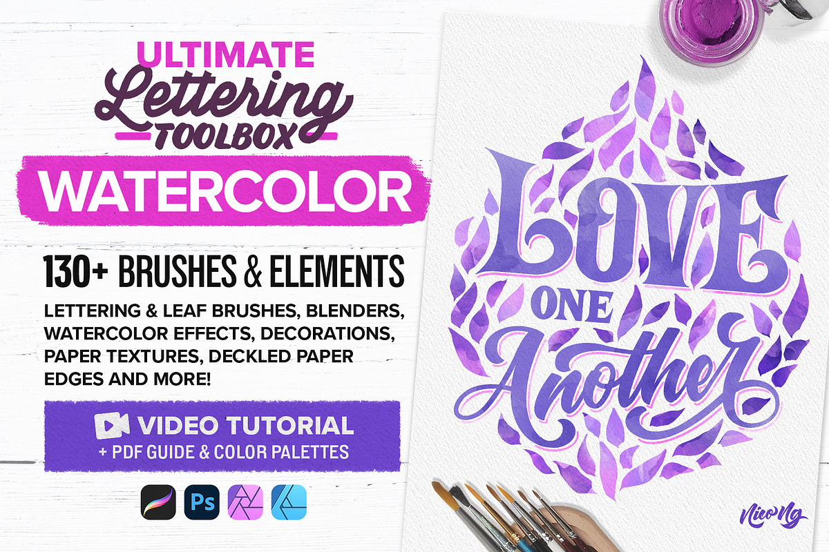 Watercolor Lettering Brush Toolbox, a Brush Add-On by Nico-Ng (Photo 1 of 16)