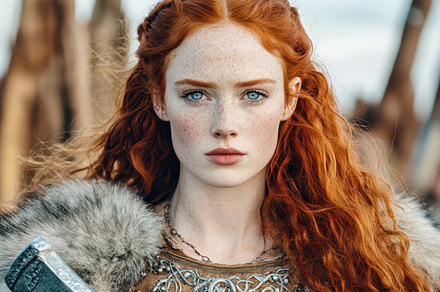 Close-up portrait of a red-haired woman with intense blue eyes, wearing a fur s, a Person Photo by Mashimara