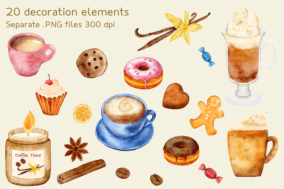 Watercolor Coffee Time collection, a Decorative Illustration by Aurella Art (Photo 2 of 14)