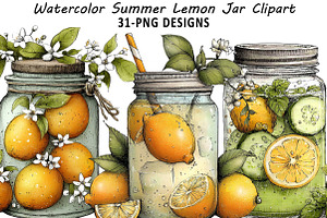 Watercolor Summer Lemon Jar Clipart, an Illustration by Daily.Designs