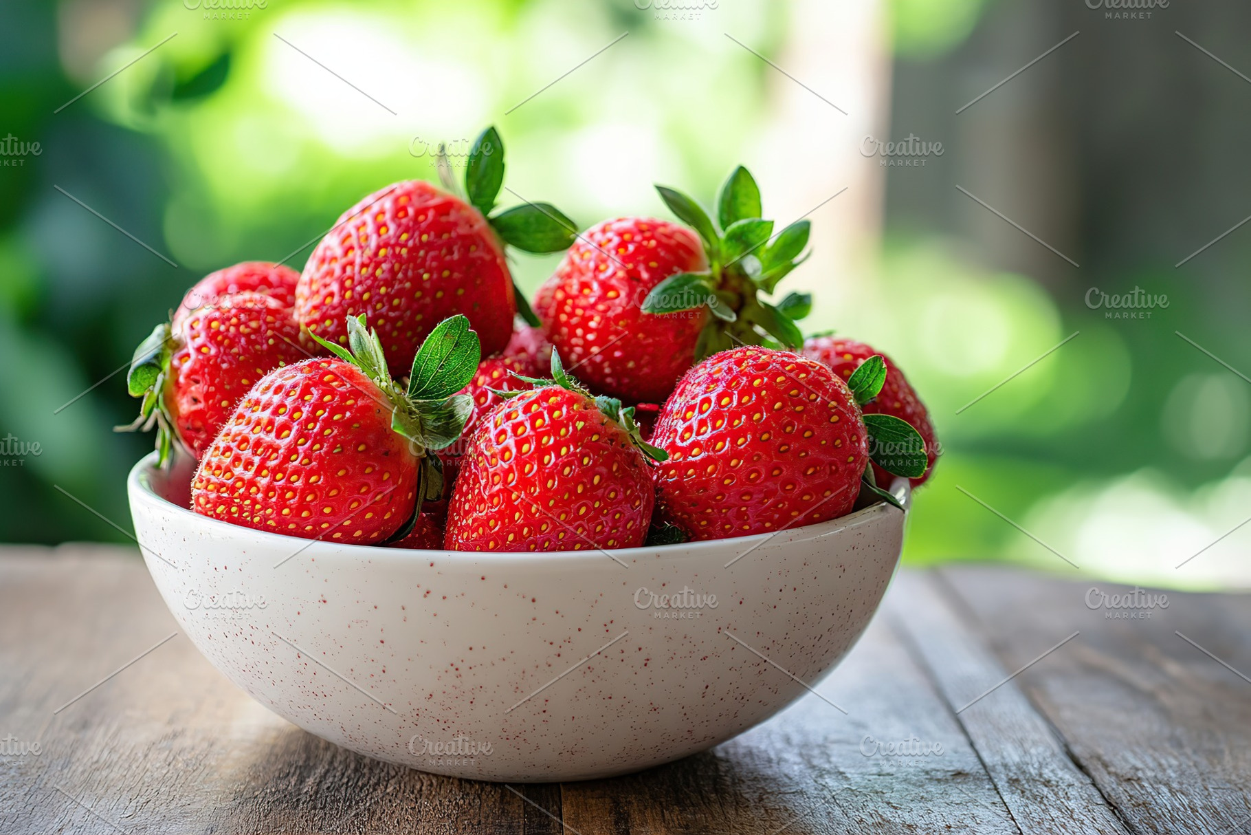 Freshly harvested ripe red strawberries in a white bowl on a wooden table, a Food & Drink Photo by AlyaAnd