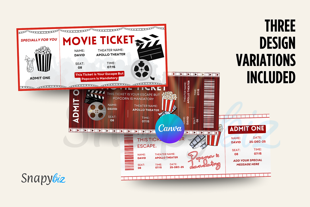 Editable Movie Ticket Canva Template, an Invitation Template by Snapybiz (Photo 3 of 8)