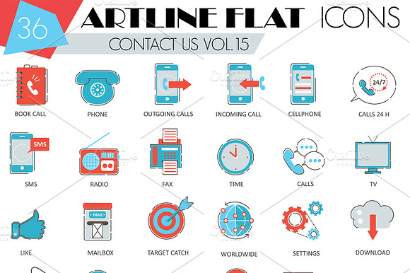36 Contact Us Flat Line Icons Set.