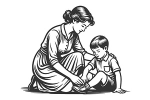 Mother Tying Child Shoe in Caring, a Person Illustration by AlexArt