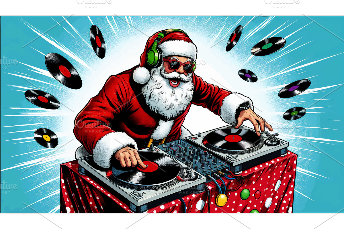 Cool Santa DJ Mixing Vinyl on, an Illustration by AlexArt