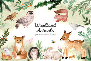 Woodland Animals. Patterns, Cliparts