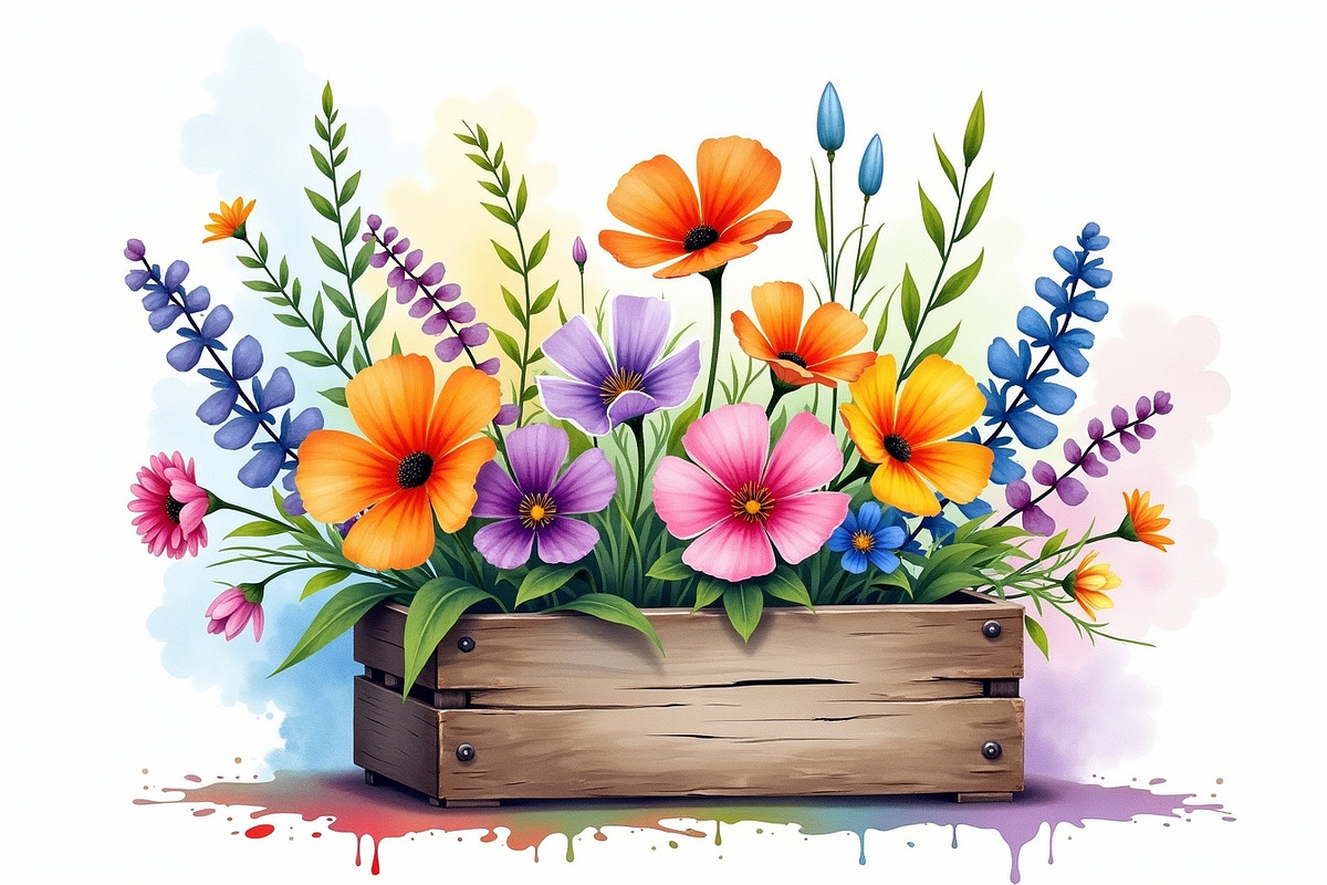 Wildflowers In Wooden Box Clipart Ki, an Illustration by hafijul (Photo 13 of 14)