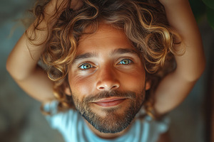 Man with curly hair and blue eyes sm, a Photo by Tanuart