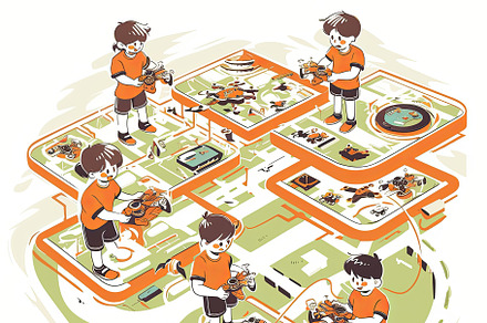 Children playing with drones in a vibrant indoor game setting, an Illustration by AS photostudio