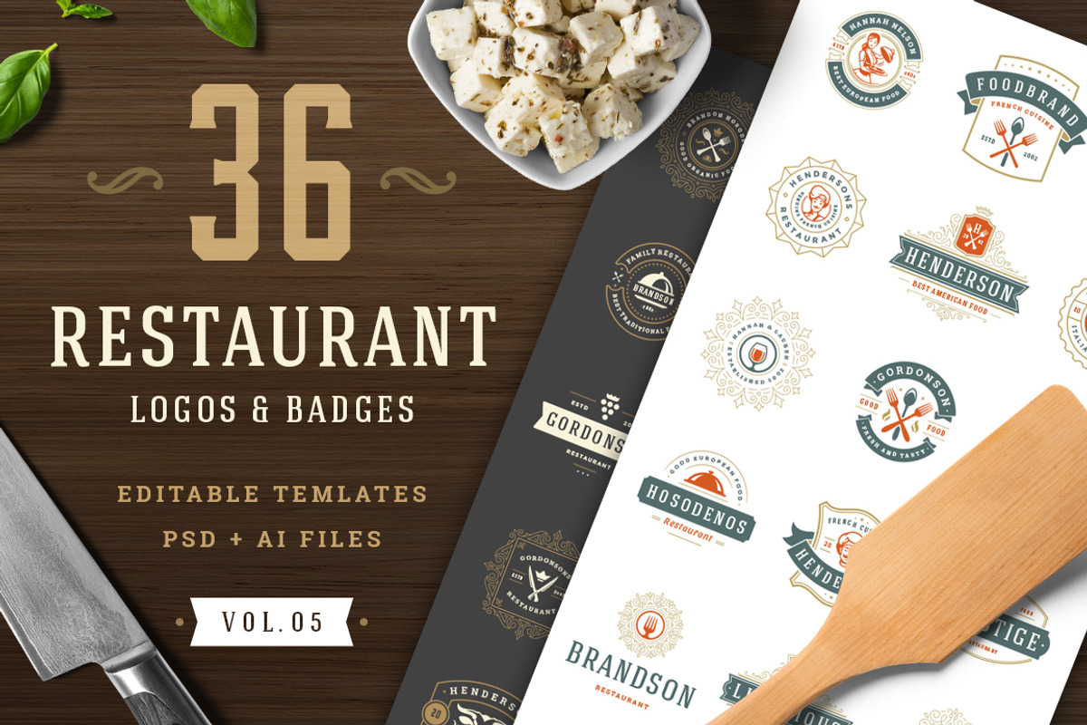 36 Restaurant Logos and Badges, a Branding & Logo Template by Vasya Kobelev (Photo 1 of 19)