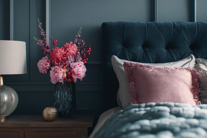 Cozy bedroom interior with elegant velvet bed headboard, fresh f, a Photo by Studio ANNA