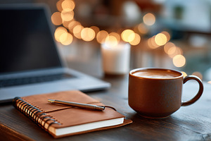 Cozy workspace with laptop, espresso, and leather notebook during a quiet morni, a Business Photo by AlyaAnd