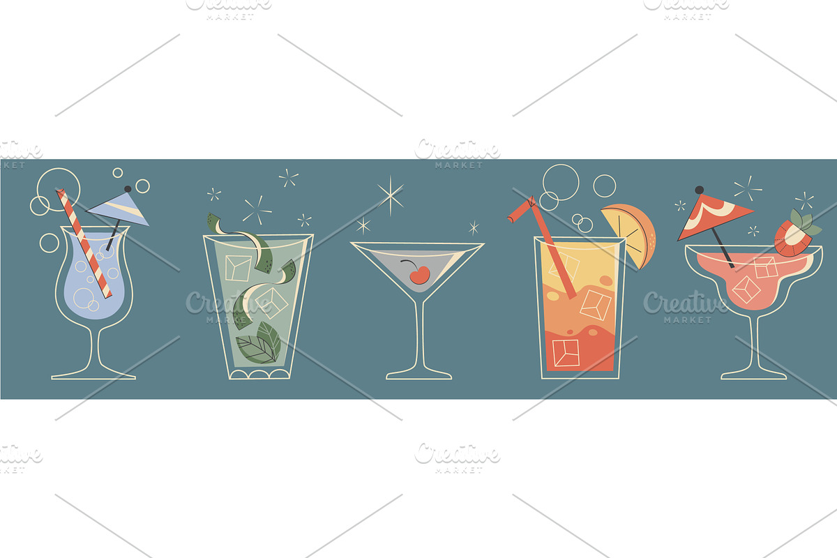 Retro cocktail glasses with, a Food Illustration by art PVP - market