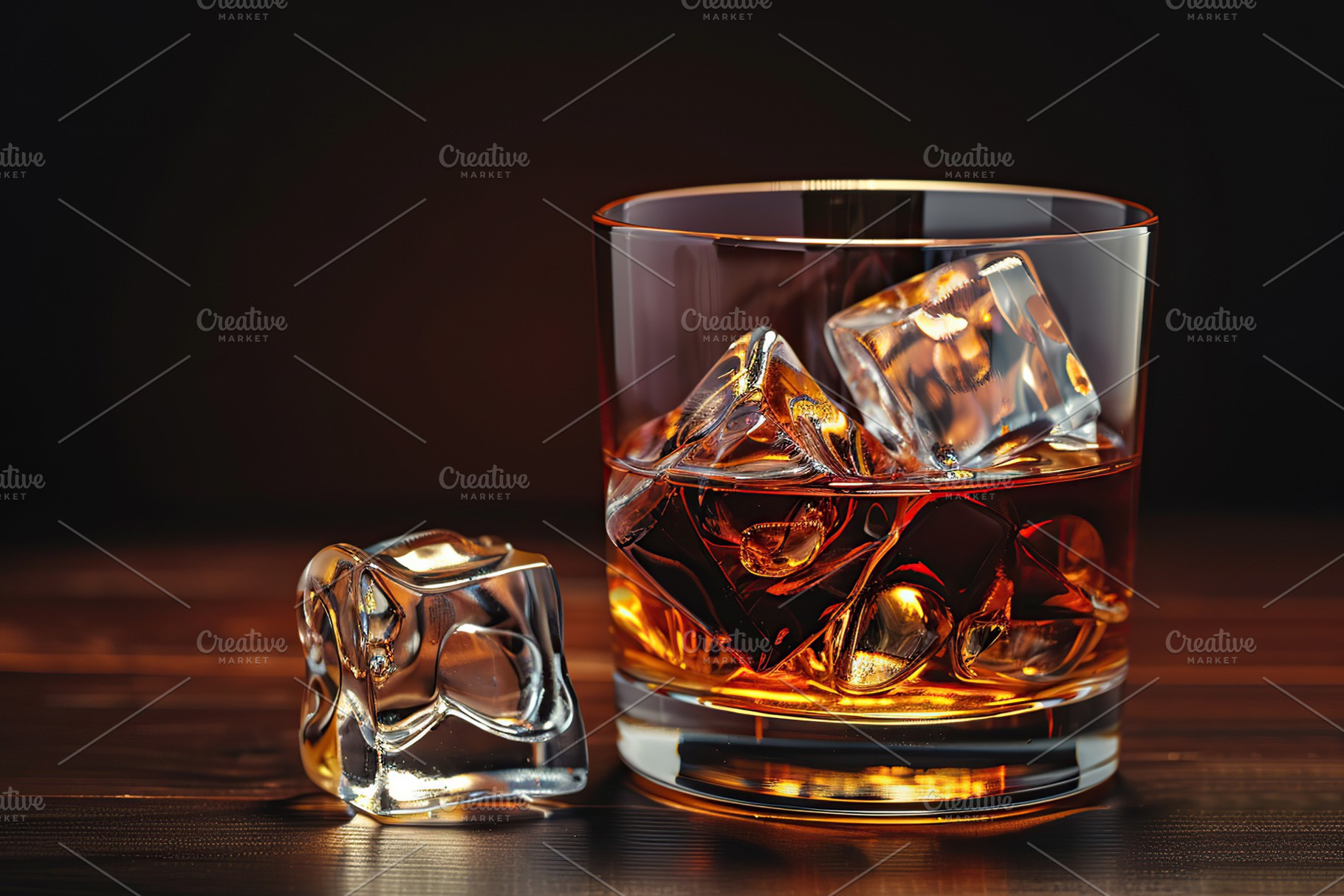 Glass of scotch whiskey and ice on wooden table, a Food & Drink Photo by AlyaAnd