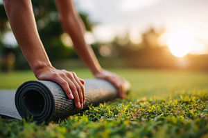 Yoga practice at sunset on grassy field, a Sports & Recreation Photo by AlyaAnd