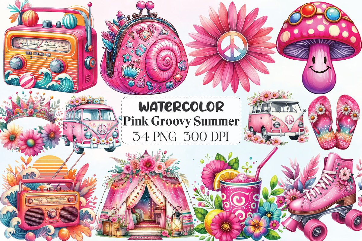 Pink Groovy Summer Clipart, an Illustration by CraftArtStudio (Photo 1 of 6)