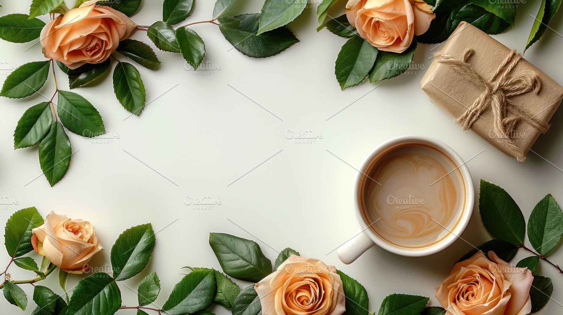 Coffee cup with peach roses and gift box flat lay frame composit, a Holiday Photo by José Manuel Gelpi