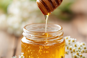 Golden honey drips from a wooden dipper into a glass jar surrounded by flowers, a Food & Drink Photo by AlyaAnd