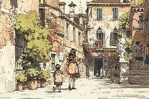 Charming Italian courtyard with people enjoying a peaceful picturesque day, an Illustration by AS photostudio