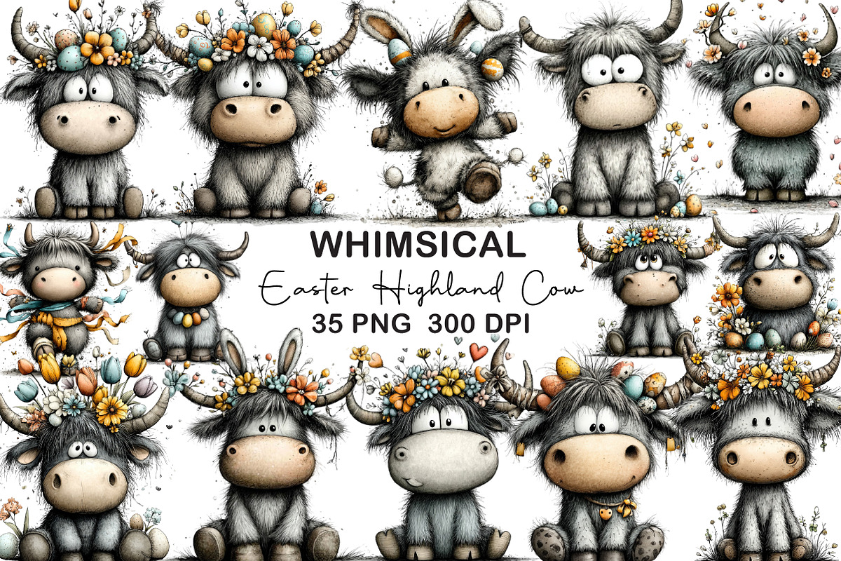 Whimsical Easter Highland Cow Clipar, an Illustration by CraftArtStudio (Photo 1 of 6)