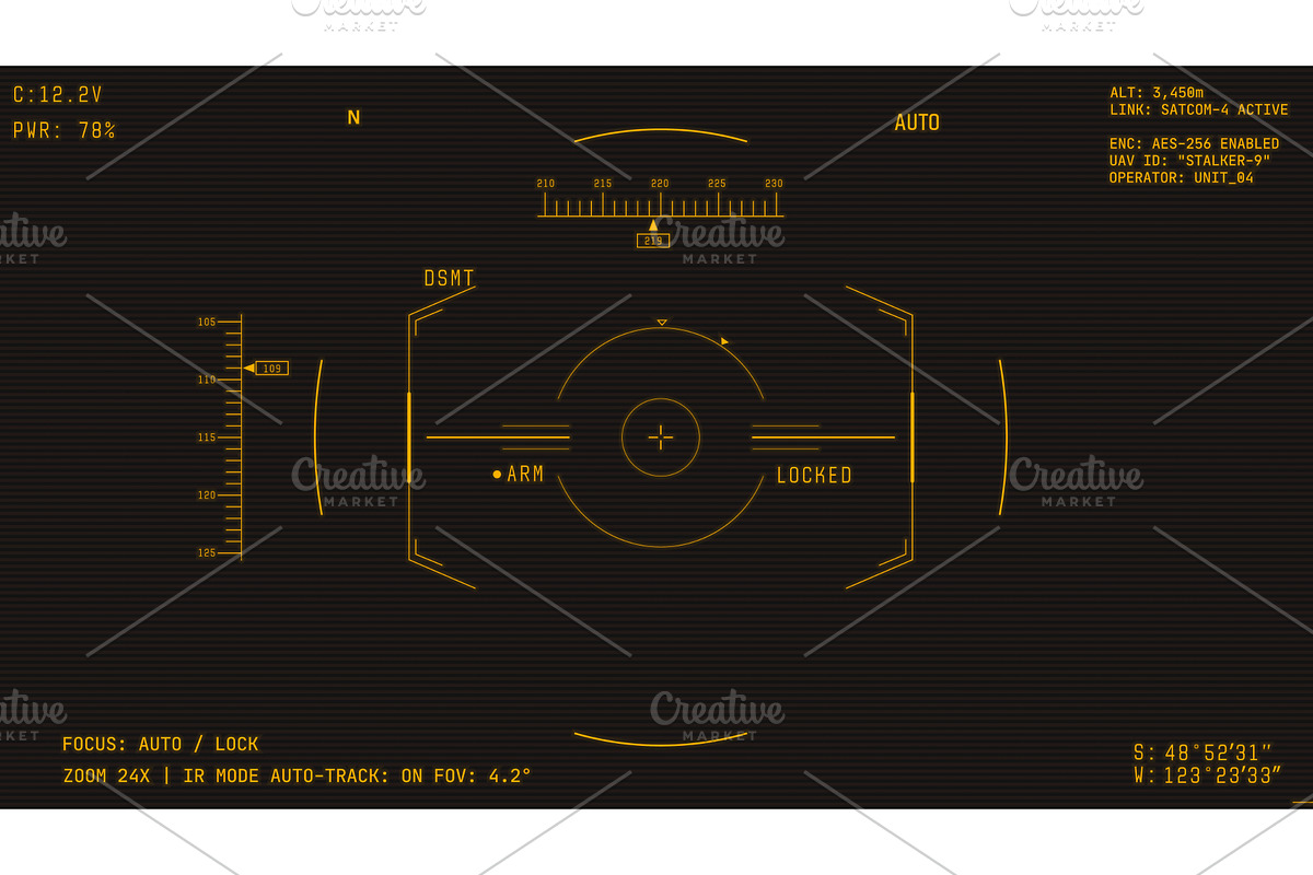 War drone video camera amber retro, a Technology Illustration by SkyVectors