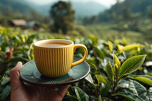 Yellow teacup in hand above tea plan, a Photo by Pixeness Studio