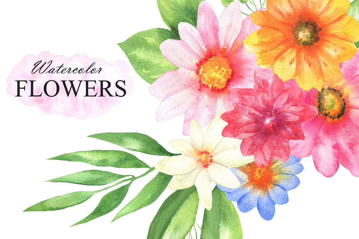 Watercolor colorful flowers clipart, an Illustration by OlDm_Shop (Photo 3 of 6)