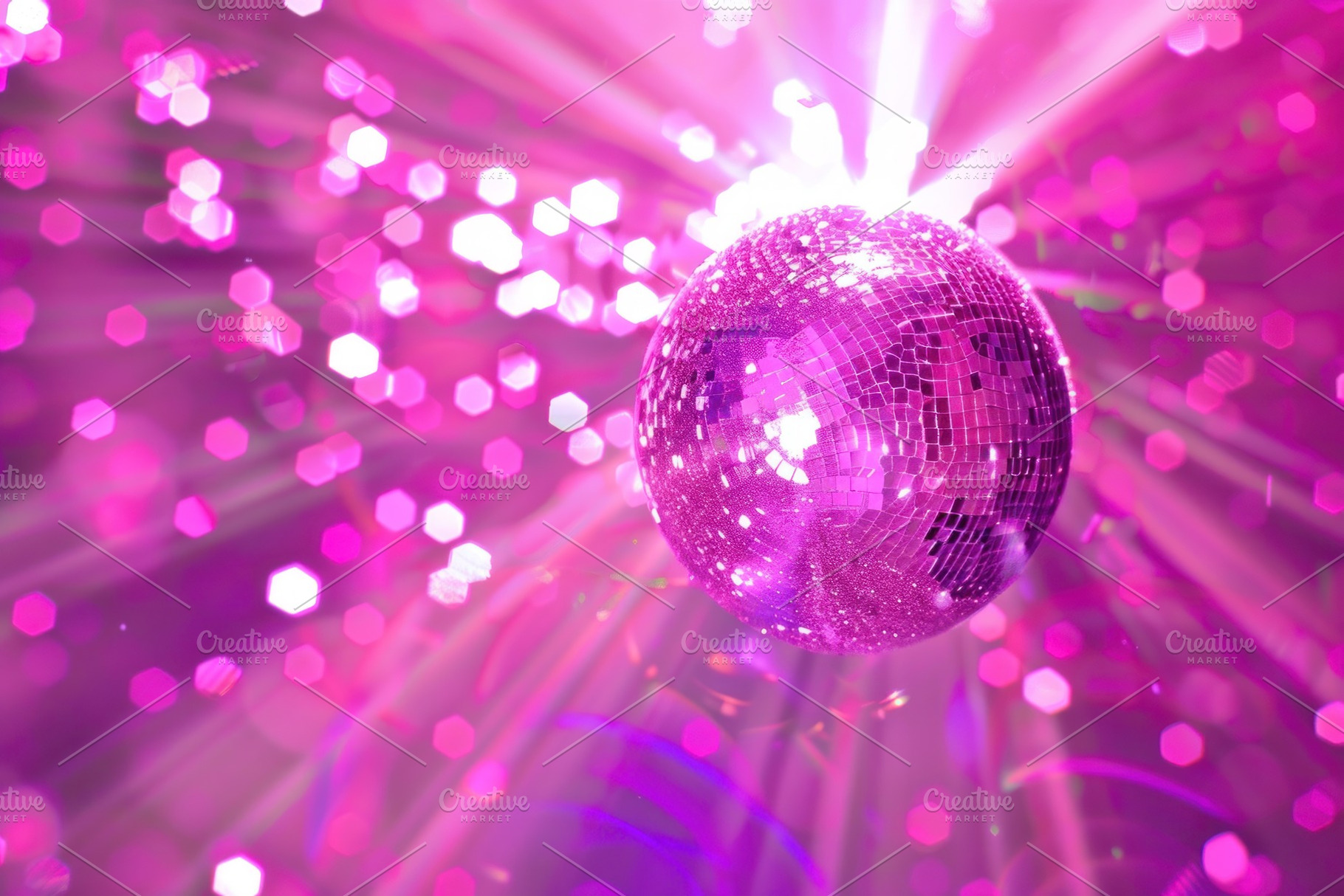 Vibrant Disco Ball with Sparkling Light Rays in Pink and Purple Nightclub Scene, a Photo by José Manuel Gelpi