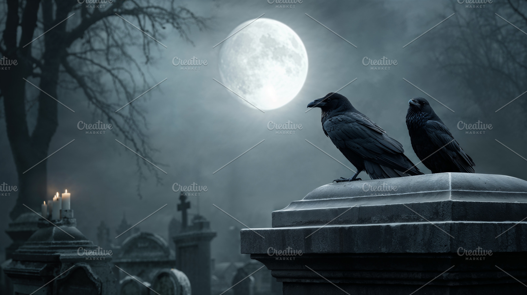 Halloween night with ravens perched near a graveyard under the moon, a Holiday Photo by OSORIOartist