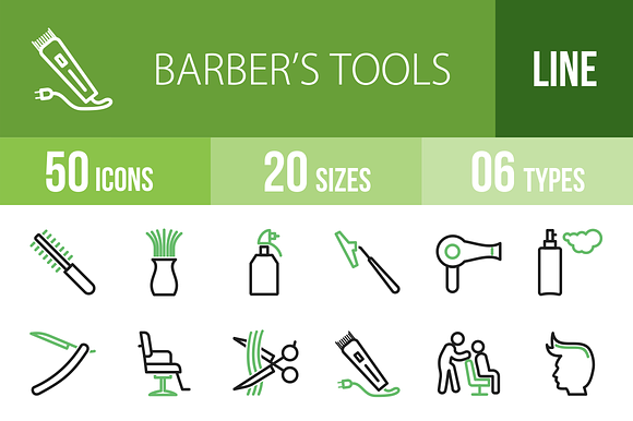 50 Barber’S Tools Greenblack Icons